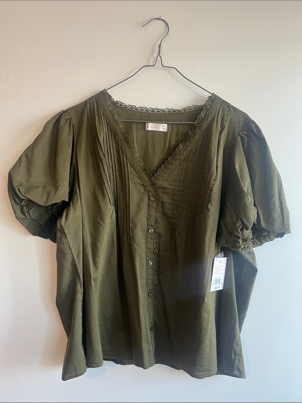 LC Lauren Conrad Olive Green V-Neck Pintuck Button Blouse